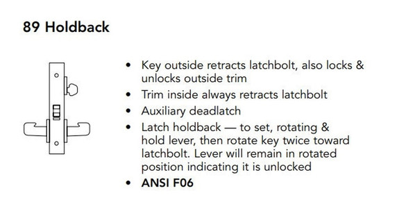 Sargent 70-8289 LW1P 26D Holdback Mortise Lock, Accepts Small Format IC Core (SFIC), Satin Chrome Finish