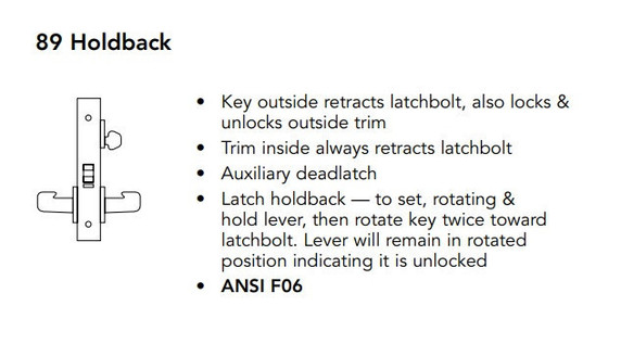 Sargent 70-8289 LW1P 26D Holdback Mortise Lock, Accepts Small Format IC Core (SFIC), Satin Chrome Finish