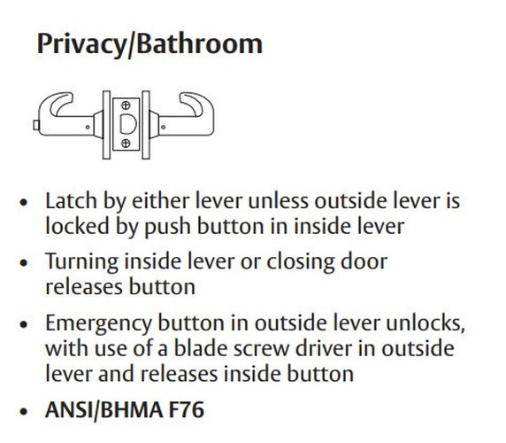 Sargent 28-7U65 LB Privacy/Bathroom Cylindrical Lever Lock