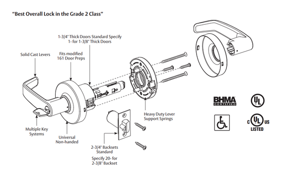 Sargent 2860-7G05 LB Entrance or Office Cylindrical Lever Lock, Accepts Large Format IC Core (LFIC)