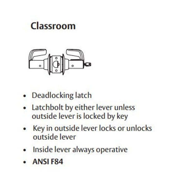 Sargent 2870-7G37 LB 26D Classroom Cylindrical Lever Lock, Accepts Small Format IC Core (SFIC), Satin Chrome Finish