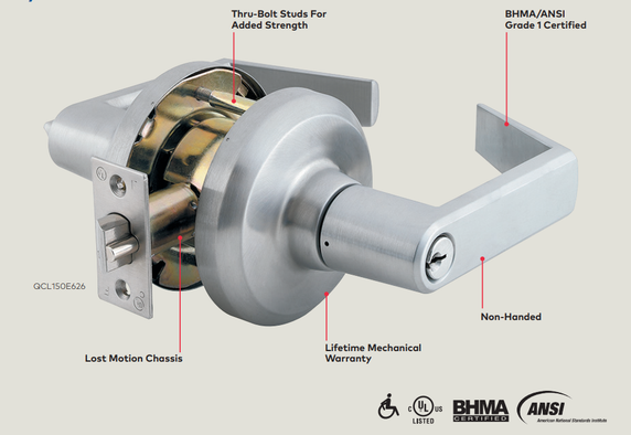 Stanley QCL160 M 626 Heavy Duty Classroom Cylindrical Lock, Summit Lever, Satin Chrome Finish