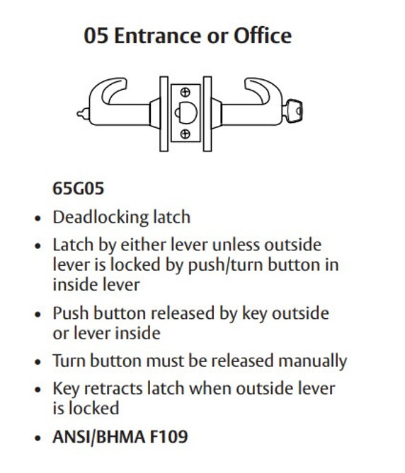 Sargent 2860-65G05 KL Entrance or Office Cylindrical Lever Lock, Accepts Large Format IC Core (LFIC)
