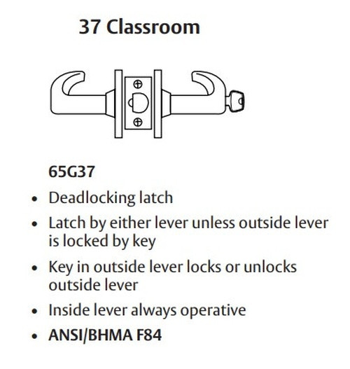 Sargent 28-65G37 KL Classroom Cylindrical Lever Lock