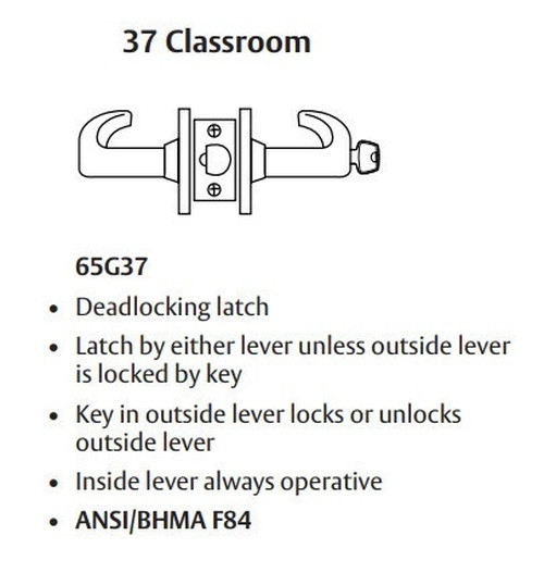 Sargent 28LC-65G37 KL Classroom Cylindrical Lever Lock, Conventional Less Cylinder