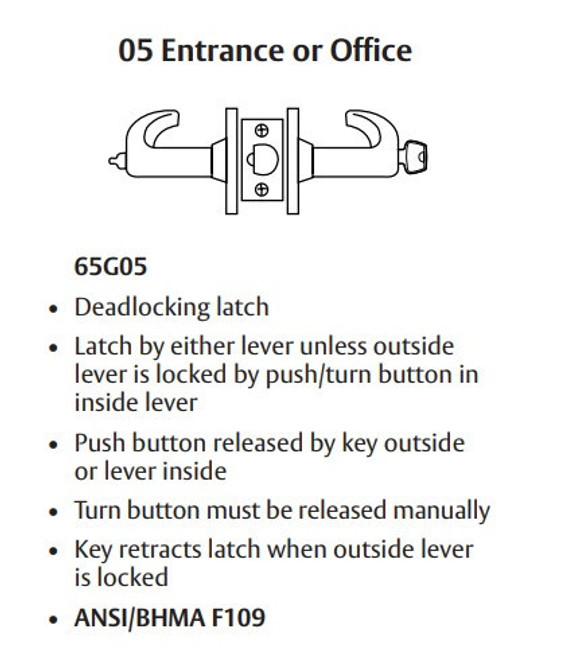 Sargent 28-65G05 KP Entrance or Office Cylindrical Lever Lock