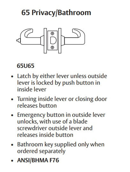 Sargent 28-65U65 KP Privacy/Bathroom Cylindrical Lever Lock