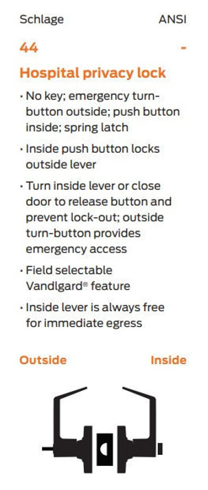 Schlage ALX44 SAT Grade 2 Hospital Privacy Lever Lock