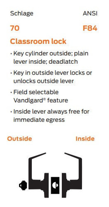 Schlage ALX70B SPA Grade 2 Classroom Lever Lock, Accepts Small Format IC Core (SFIC)