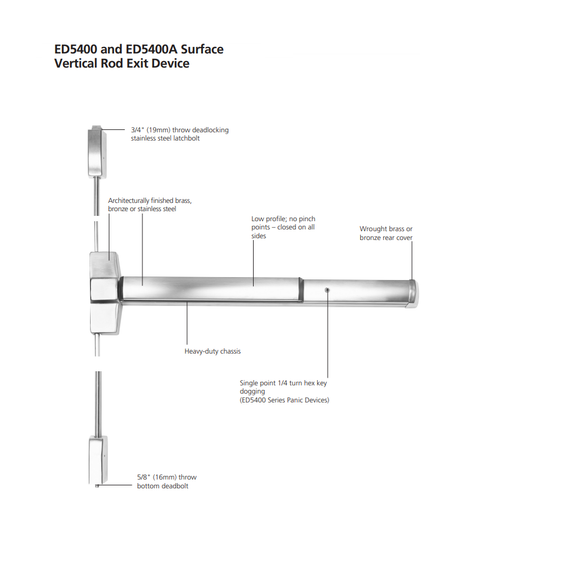 Corbin Russwin ED5400A 630 Fire Rated Surface Vertical Rod Exit Device, Satin Stainless Steel Finish