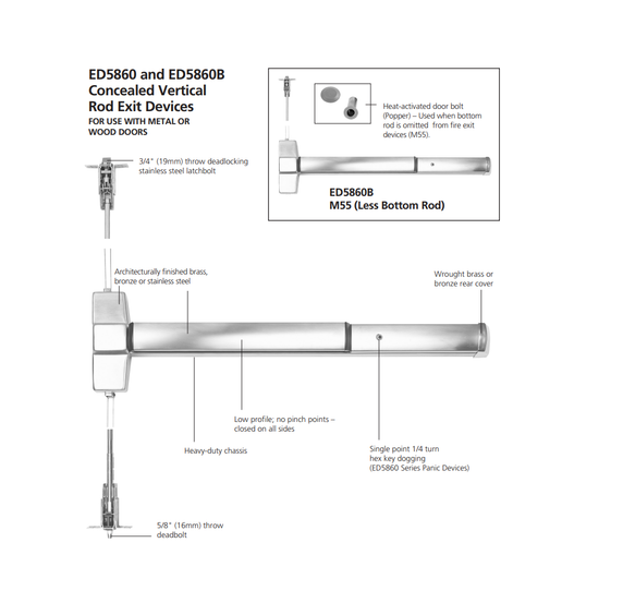 Corbin Russwin ED5860B 630 Fire Rated Concealed Vertical Rod Exit Device, Satin Stainless Steel Finish