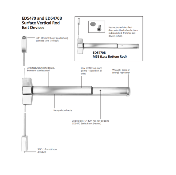 Corbin Russwin ED5470B 630 MELR M92 Fire Rated Surface Vertical Rod Exit Device w/ Motorized Latch Retraction and Touchbar Monitoring