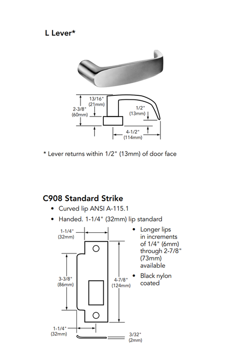 Sargent 1256-8904J ETL 42" Fire Rated Mortise Exit Device, Electric Latch Retraction w/ 704 ETL Night Latch Lever Trim