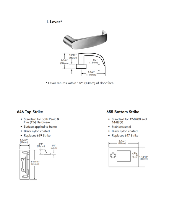 Sargent 12-8715 ETL Fire Rated Surface Vertical Rod Exit Device w/ 715 ETL Passage Lever Trim