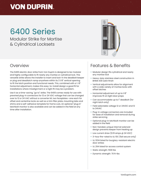 Von Duprin 6400 Electric Strike, for Cylindrical or Mortise Locks