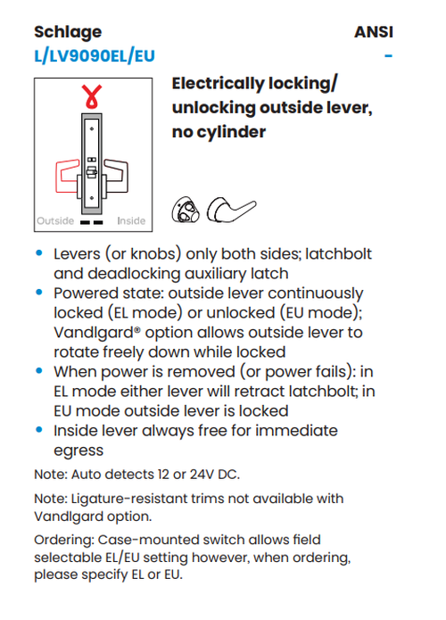 Schlage L9090EL 05A Electrified Mortise Lock, Fail Safe, No Cylinder Override