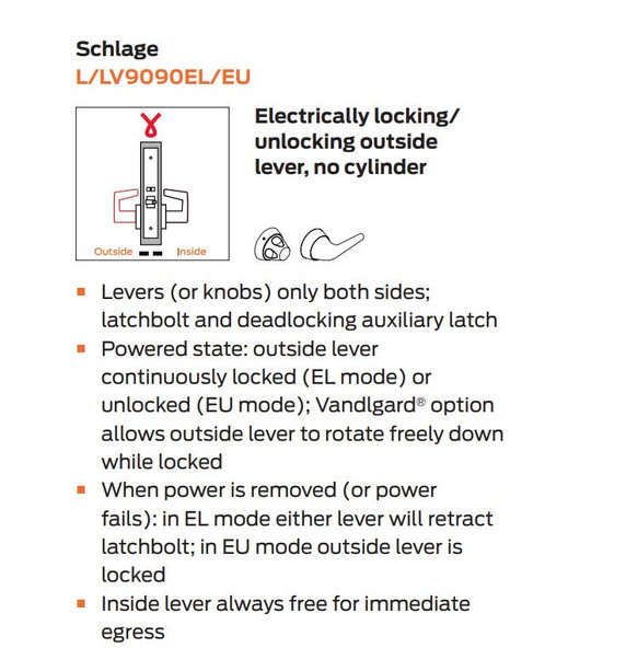 Schlage L9090EL 17B Electrified Mortise Lock, Fail Safe, No Cylinder Override