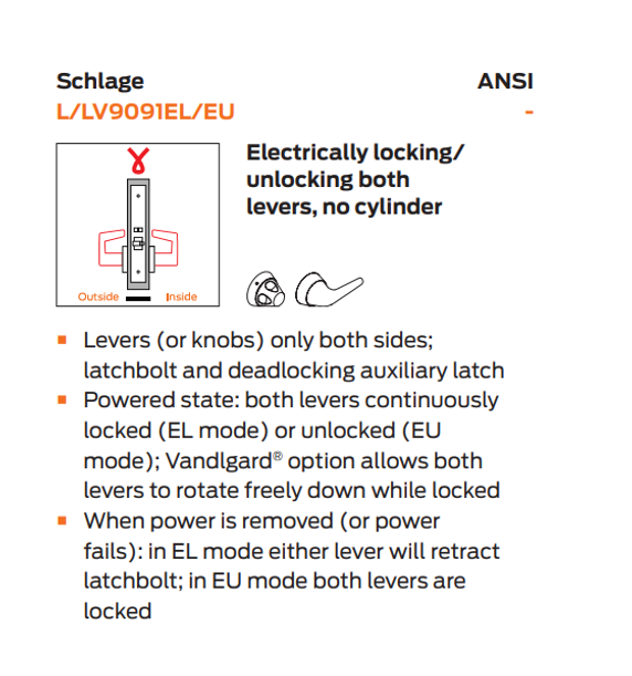 Schlage L9091EL 03L Electrified Mortise Lock, Fail Safe, No Cylinder Override