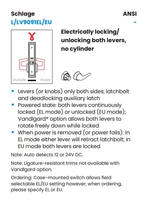 Schlage L9091EL 18A Electrified Mortise Lock, Fail Safe, No Cylinder Override