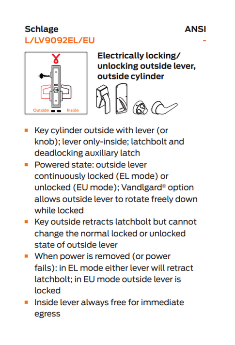 Schlage L9092EUB 05A Electrified Mortise Lock, Fail Secure, w/ Cylinder Outside