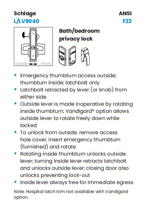 Schlage L9040 06A OS-OCC Bath/bedroom Privacy Mortise Lock w/ Exterior Vacant/Occupied Indicator