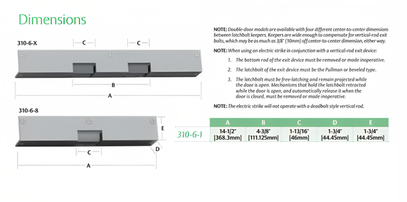 HES Folger Adam 310-6-1 LCBMA Electric Strike For Concealed Vertical Rod Panic Devices - 4-3/8" CTC