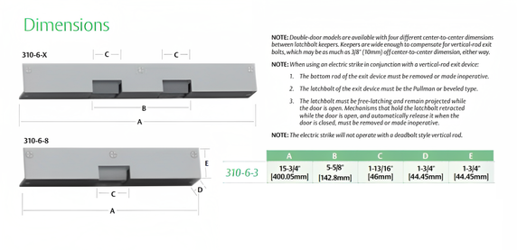 HES Folger Adam 310-6-3 LCBMA Electric Strike For Concealed Vertical Rod Panic Devices - 5-5/8" CTC