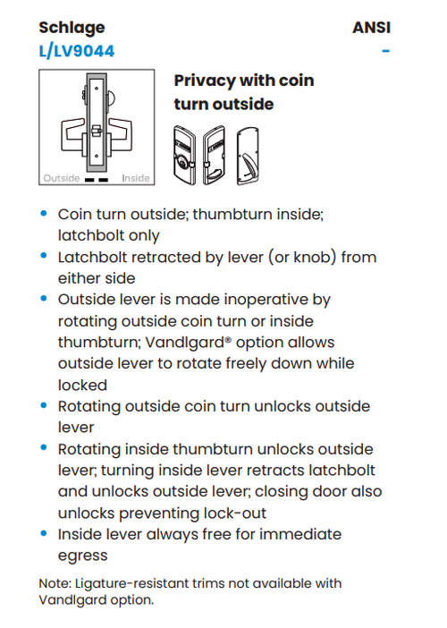 Schlage L9044 06A OS-DND Mortise Privacy and Coin Turn Lock w/ Exterior Do Not Disturb Indicator