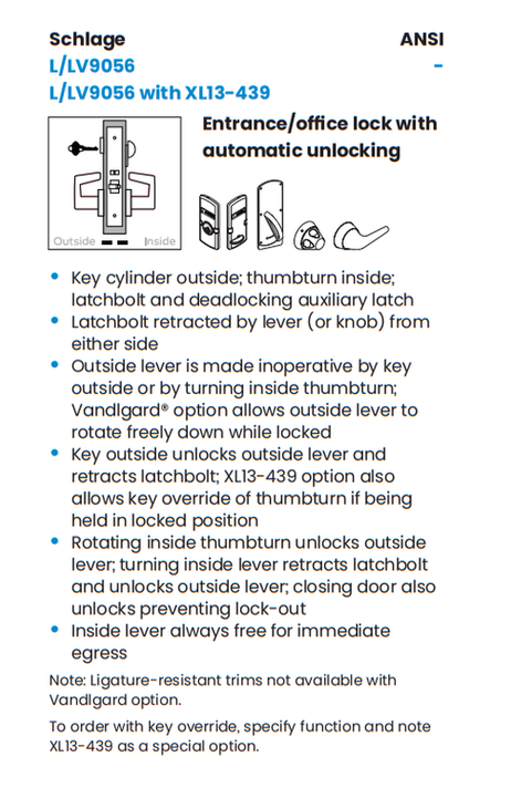 Schlage L9056L 06A OS-SYM Entrance Office with Auto Unlocking Mortise Lock, Exterior Symbols Only Indicator