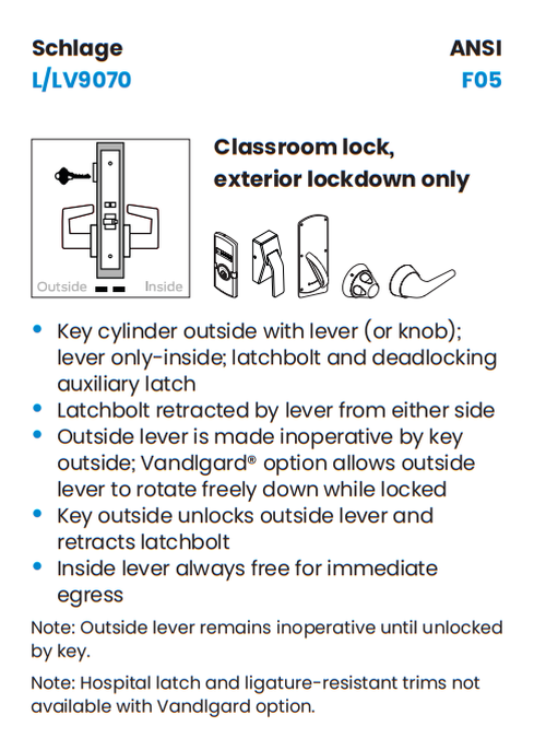 Schlage L9070B 07A Classroom Mortise Lock, Accepts Small Format IC Core (SFIC)