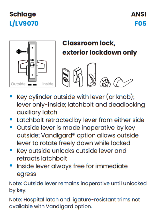 Schlage L9070J 12A Classroom Mortise Lock, Accepts Large Format IC Core (LFIC)