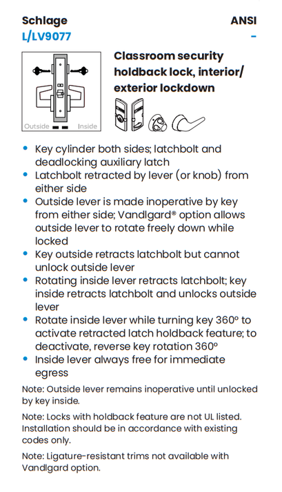 Schlage L9077P 17A Classroom Security Holdback Mortise Lock, w/ 17 Lever and A Rose