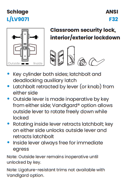Schlage L9071B 18A Classroom Security Mortise Lock, Accepts Small Format IC Core (SFIC)