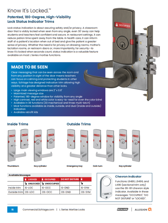 Schlage L9076L 06N OS-OCC Classroom Holdback Mortise Lock w/ Exterior Vacant/Occupied Indicator