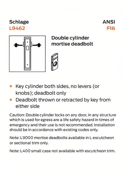 Schlage L9462L Double Cylinder Mortise Deadlock, Less Cylinder