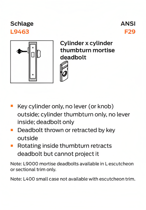 Schlage L9463J Classroom Mortise Deadlock, Accepts Large Format IC Core (LFIC)