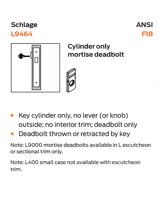 Schlage L9464L Single Cylinder by Blank Mortise Deadlock, Less Cylinder