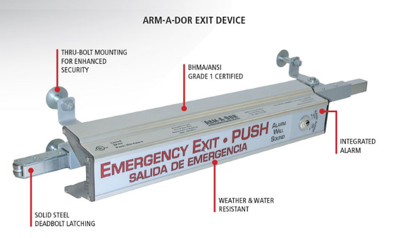 Precision Arm-A-Dor A101-015 Security Exit Device, Automatic Relock w/ Alarm, For 4' Doors