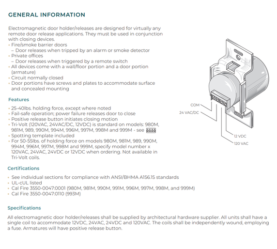 Rixson 991M 689 Electromagnetic Door Holder/Release, Hazardous Location Wall, Aluminum Painted