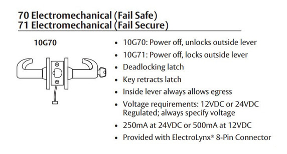 Sargent 60-10XG70 LL Electromechanical Cylindrical Lever Lock (Fail Safe), Accepts Large Format IC Core (LFIC)