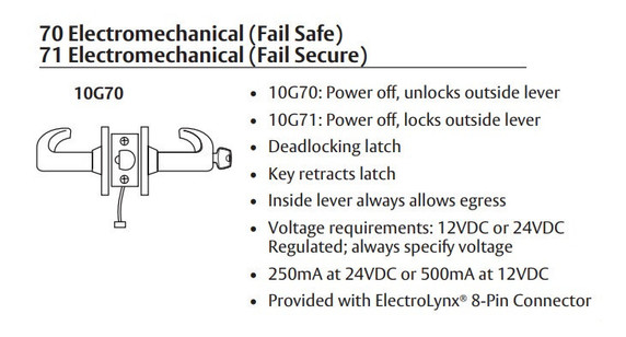 Sargent 60-10XG71 LL Electromechanical Cylindrical Lever Lock (Fail Secure), Accepts Large Format IC Core (LFIC)