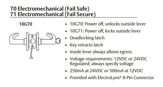 Sargent LC-10XG71 LL Electromechanical Cylindrical Lever Lock (Fail Secure), Less Cylinder