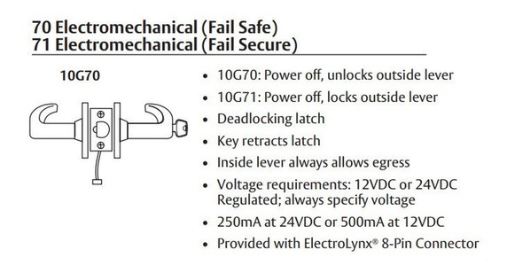 Sargent 60-10XG70 LB Electromechanical Cylindrical Lever Lock (Fail Safe), Accepts Large Format IC Core (LFIC)