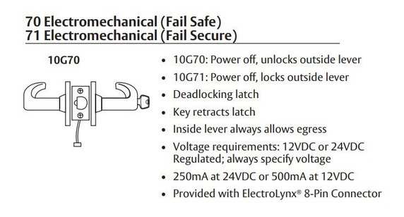 Sargent 70-10XG70 LB Electromechanical Cylindrical Lever Lock (Fail Safe), Accepts Small Format IC Core (SFIC)