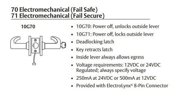 Sargent LC-10XG70 LB Electromechanical Cylindrical Lever Lock (Fail Safe), Less Cylinder