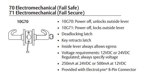Sargent LC-10XG71 LB Electromechanical Cylindrical Lever Lock (Fail Secure), Less Cylinder