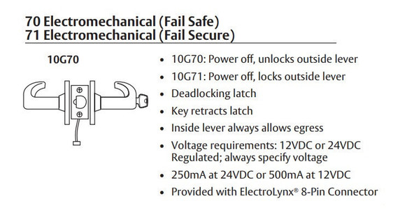 Sargent 70-10XG71 LP Electromechanical Cylindrical Lever Lock (Fail Secure), Accepts Small Format IC Core (SFIC)