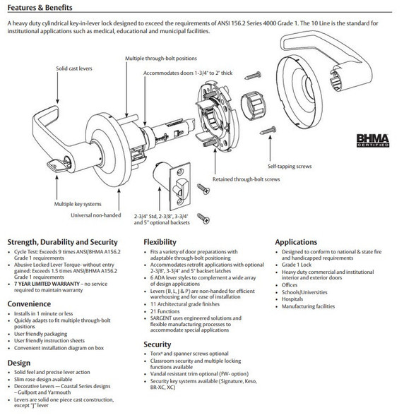 Sargent 2860-10G70-12V Electromechanical Cylindrical Lever Lock (Fail Safe), Accepts Large Format IC Core (LFIC)