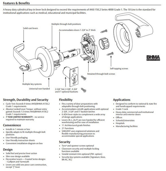 Sargent 2870-10G70-12V Electromechanical Cylindrical Lever Lock (Fail Safe), Accepts Small Format IC Core (SFIC)