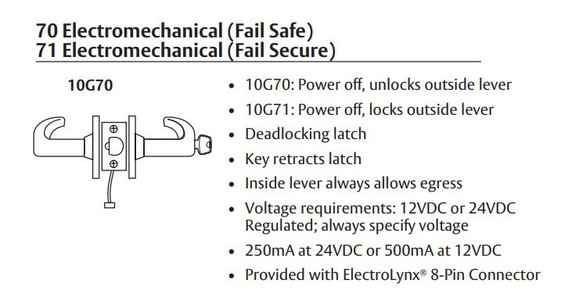 Sargent 28LC-10G70-12V Electromechanical Cylindrical Lever Lock (Fail Safe), Less Cylinder